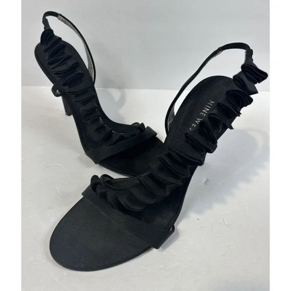 Women's Nine West Ankle Ruffle Strap Toe Spike Heel Leather Shoes Black Size 8M - Picture 1 of 7